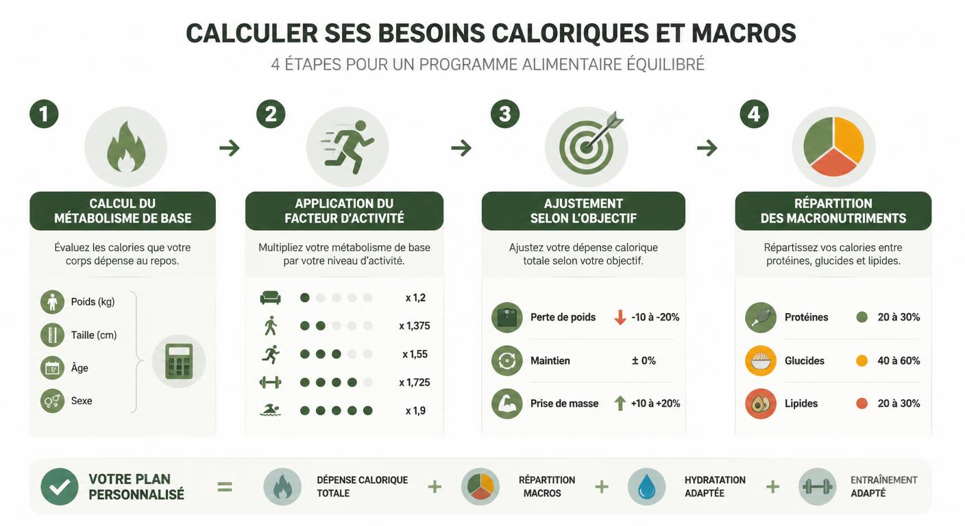 Infographie expliquant les quatre étapes pour calculer ses besoins dans un programme alimentaire équilibré