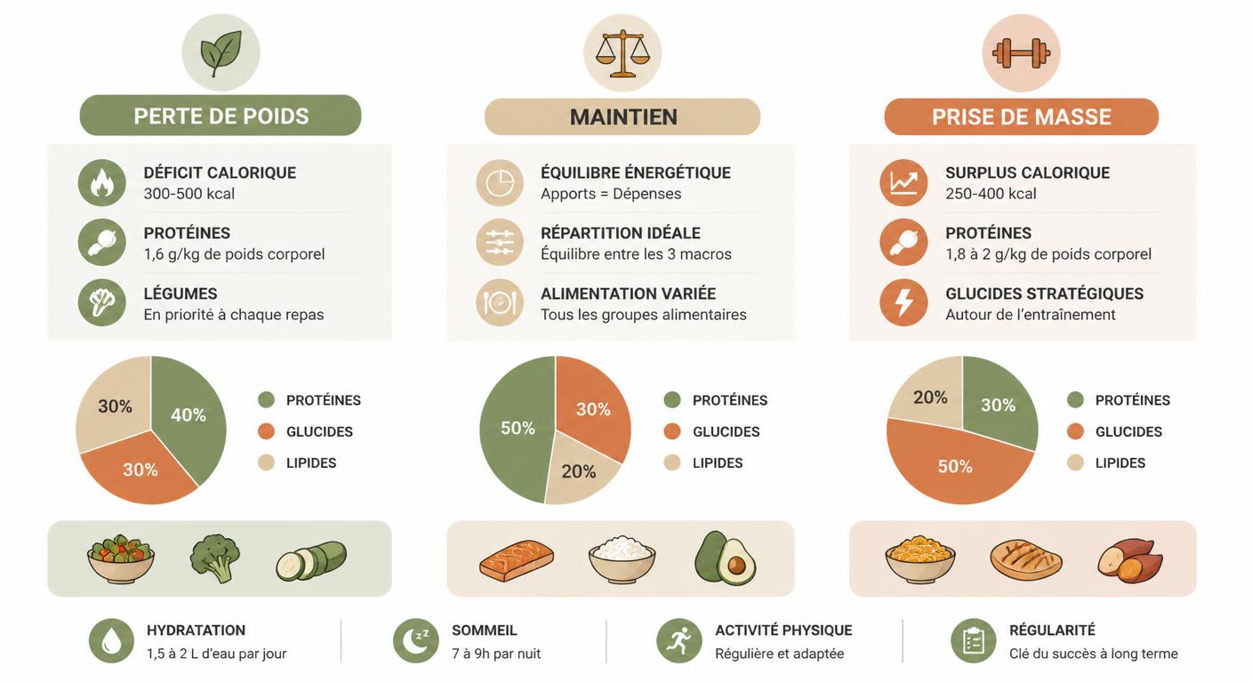 Infographie comparative d'adaptation des macronutriments selon l'objectif perte de poids, maintien ou prise de masse dans un programme alimentaire équilibré