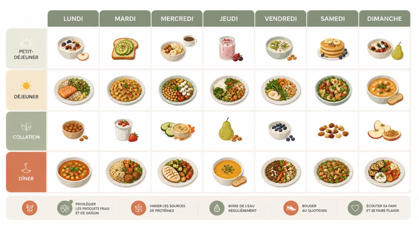 Infographie présentant un programme alimentaire équilibré complet sur 7 jours, structuré par repas