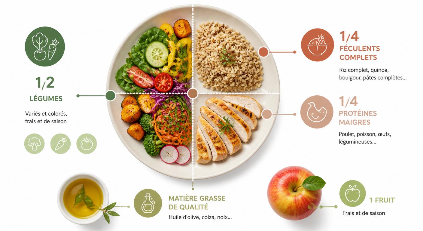 Infographie de l'assiette idéale d'un programme alimentaire équilibré : moitié légumes, quart féculents, quart protéines