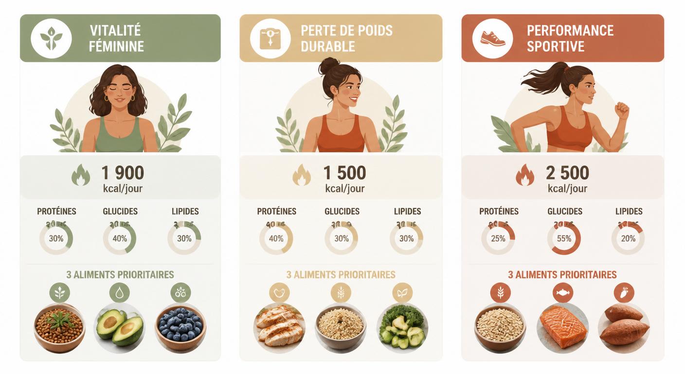 Infographie comparative de trois programmes alimentaires équilibrés selon le profil : vitalité, perte de poids, performance