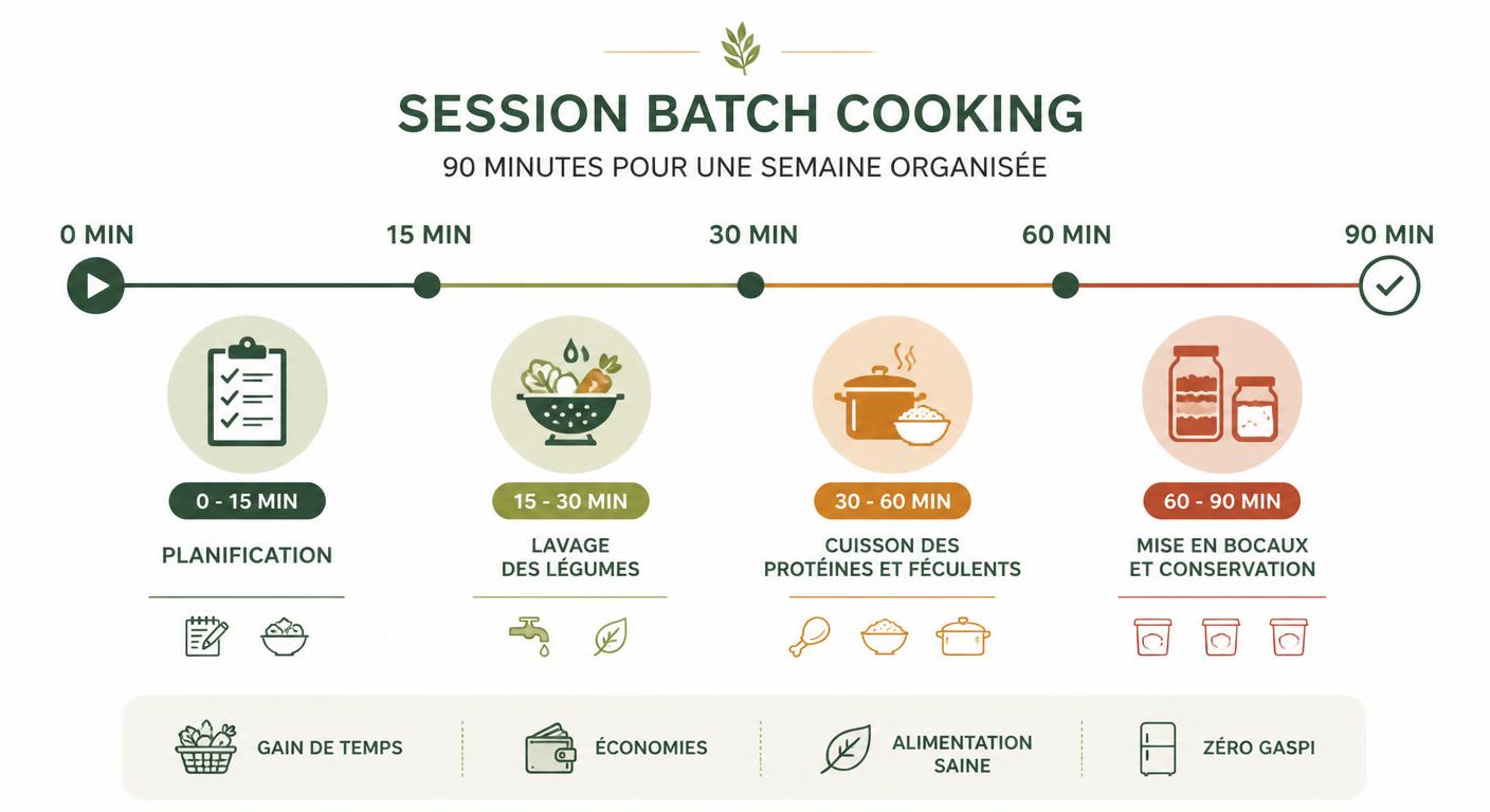 Infographie timeline d'une session batch cooking de 90 minutes pour un plan alimentaire hebdomadaire