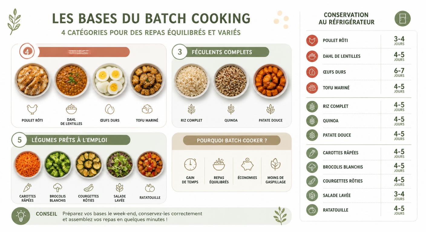 Infographie des bases batch cooking pour préparer un programme alimentaire équilibré en semaine
