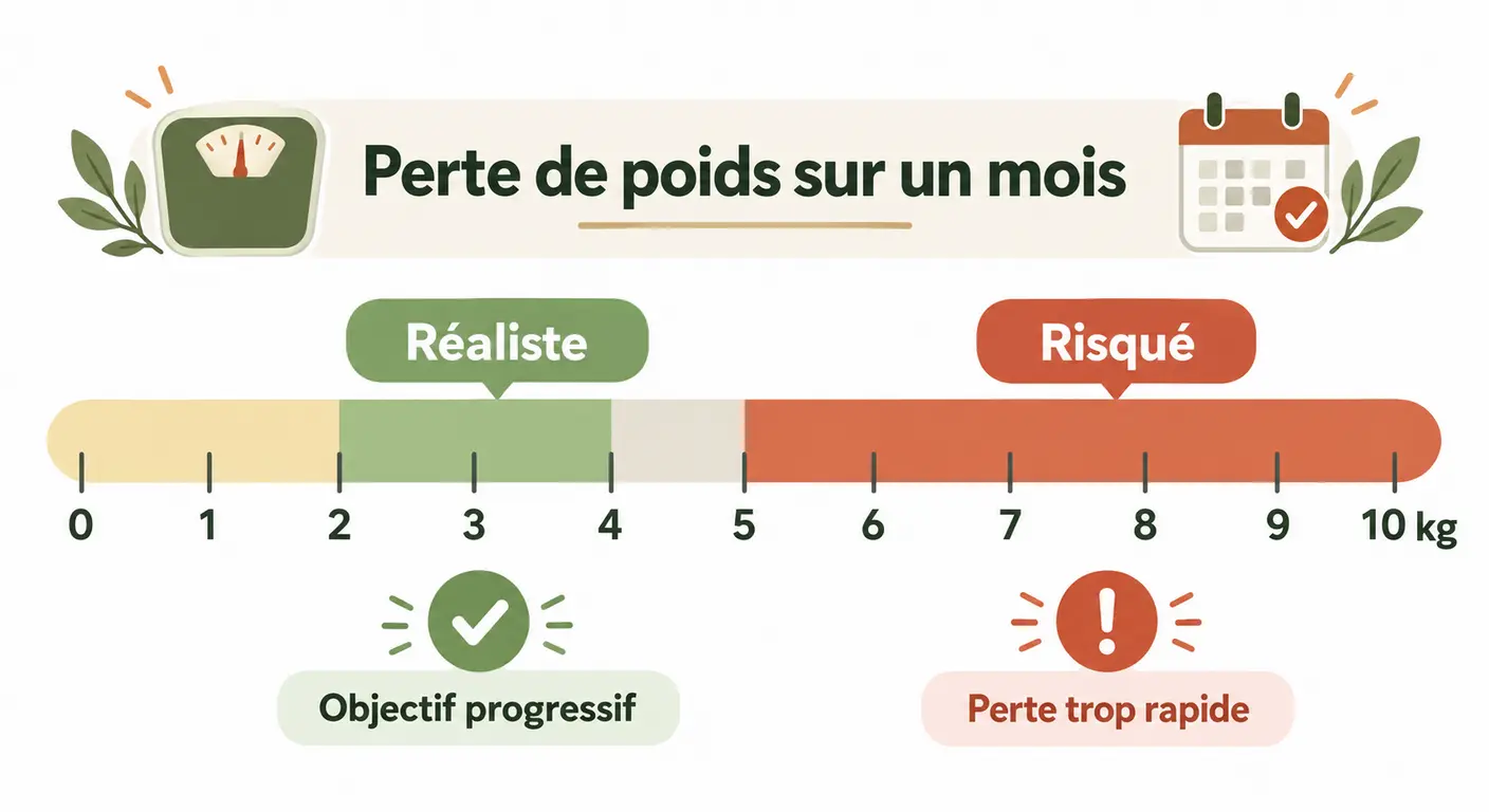 Échelle de perte de poids réaliste sur un mois avec zone recommandée de 2 à 4 kilos