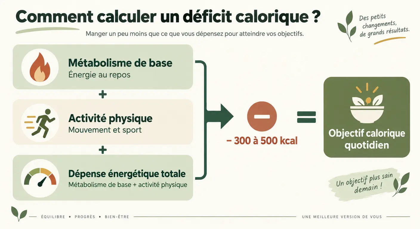 Schéma du calcul du déficit calorique à partir de la dépense énergétique totale