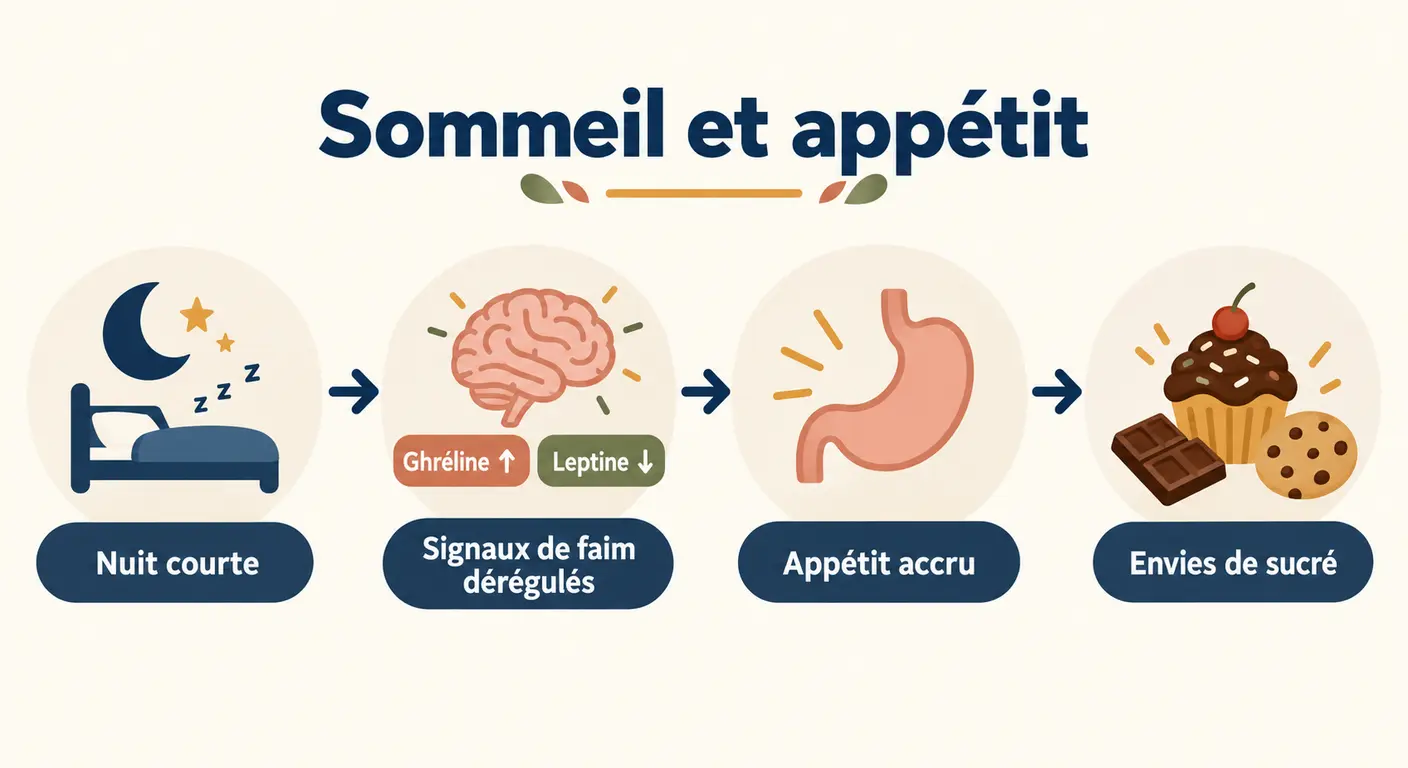 Chaîne d'effets entre le manque de sommeil et l'augmentation de l'appétit