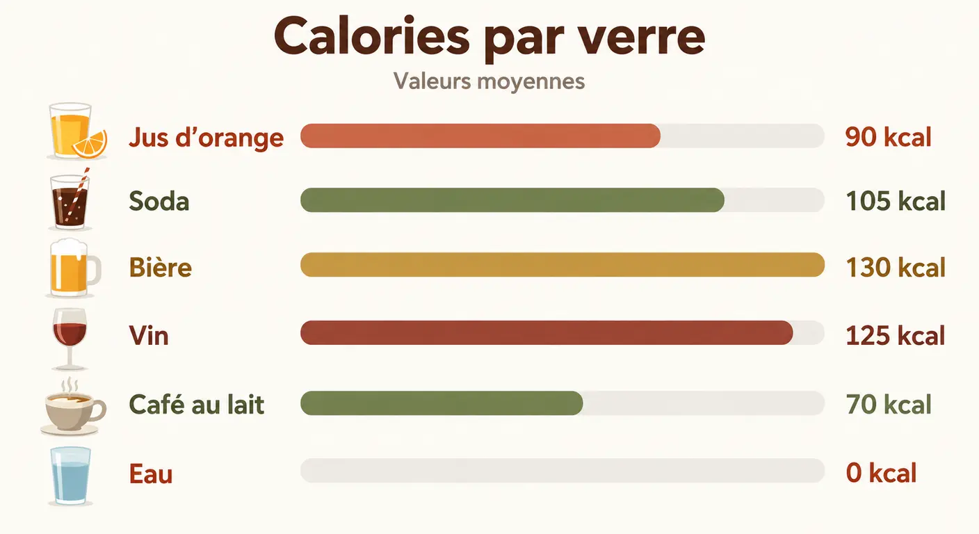 Comparatif des calories de six boissons courantes par verre
