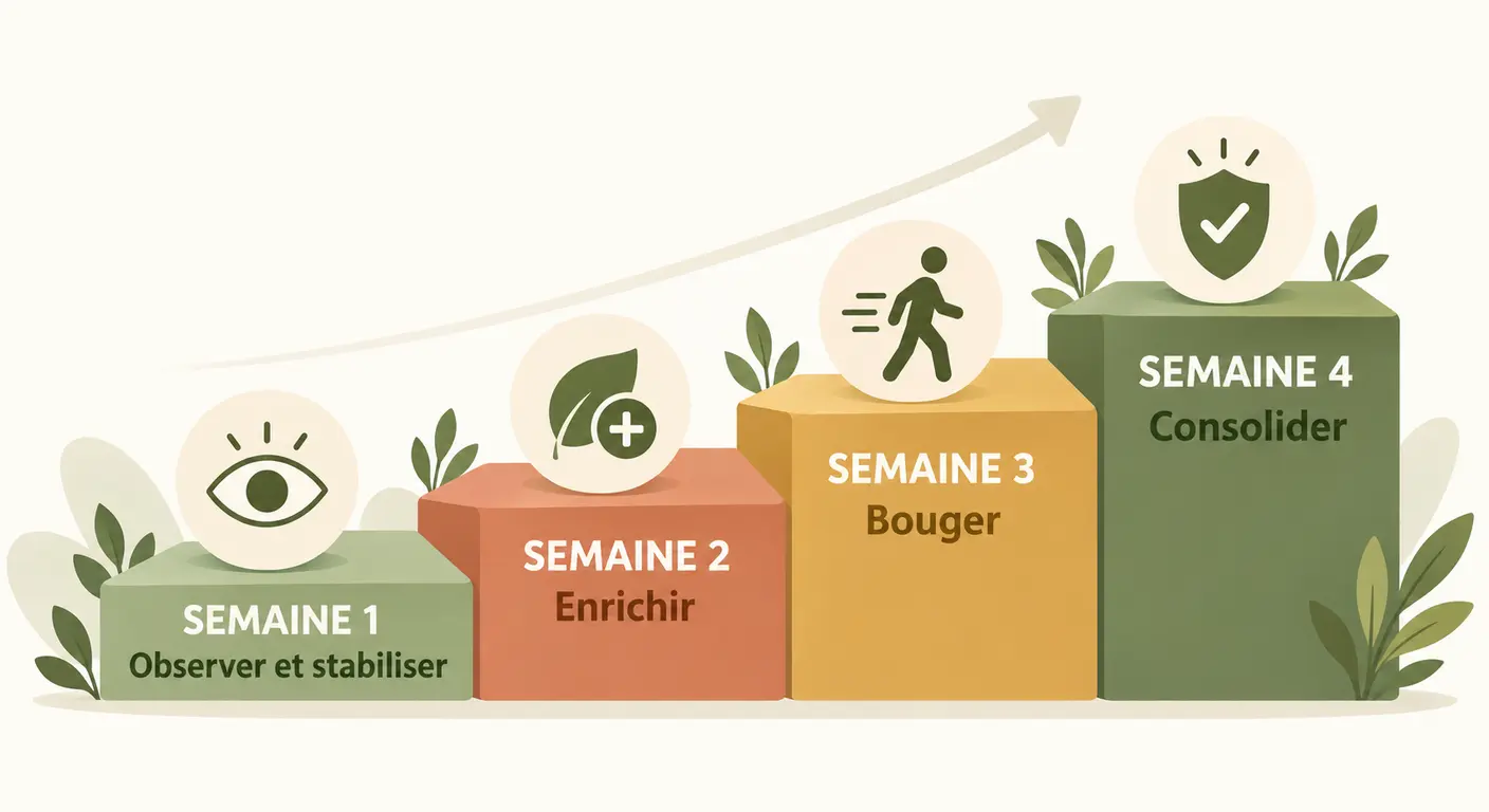 Escalier des quatre paliers hebdomadaires du programme de perte de poids sur un mois