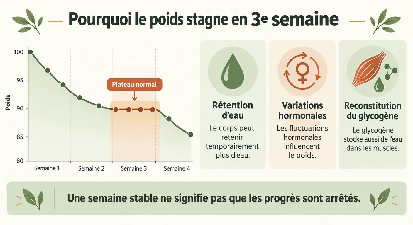 Courbe de perte de poids en escalier illustrant le plateau de la troisième semaine