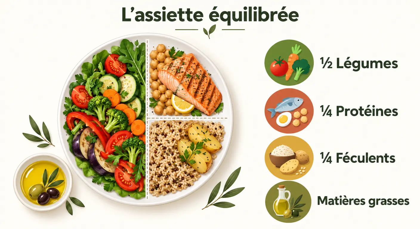 Assiette équilibrée divisée en moitié légumes, un quart protéines et un quart féculents