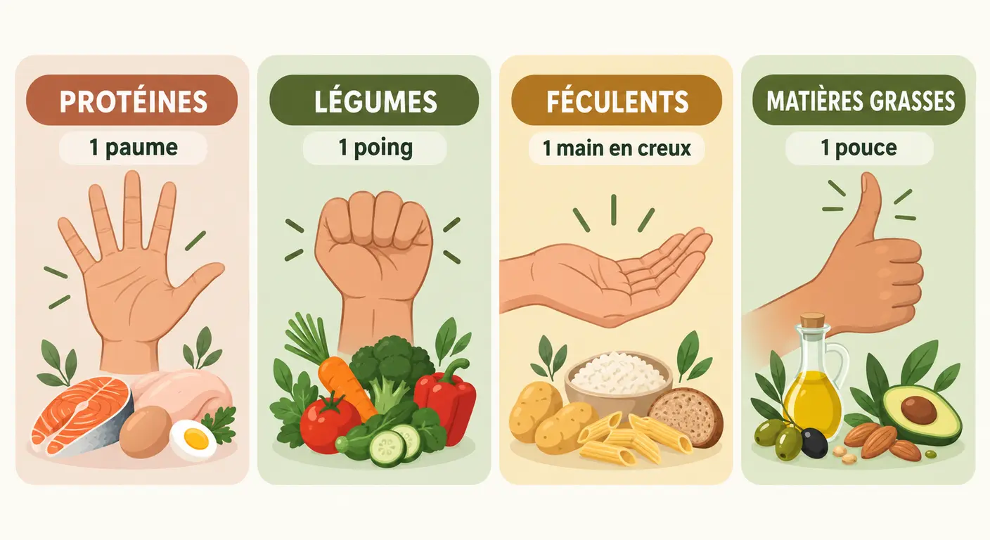 Quatre repères de portions mesurés avec la main pour composer une assiette
