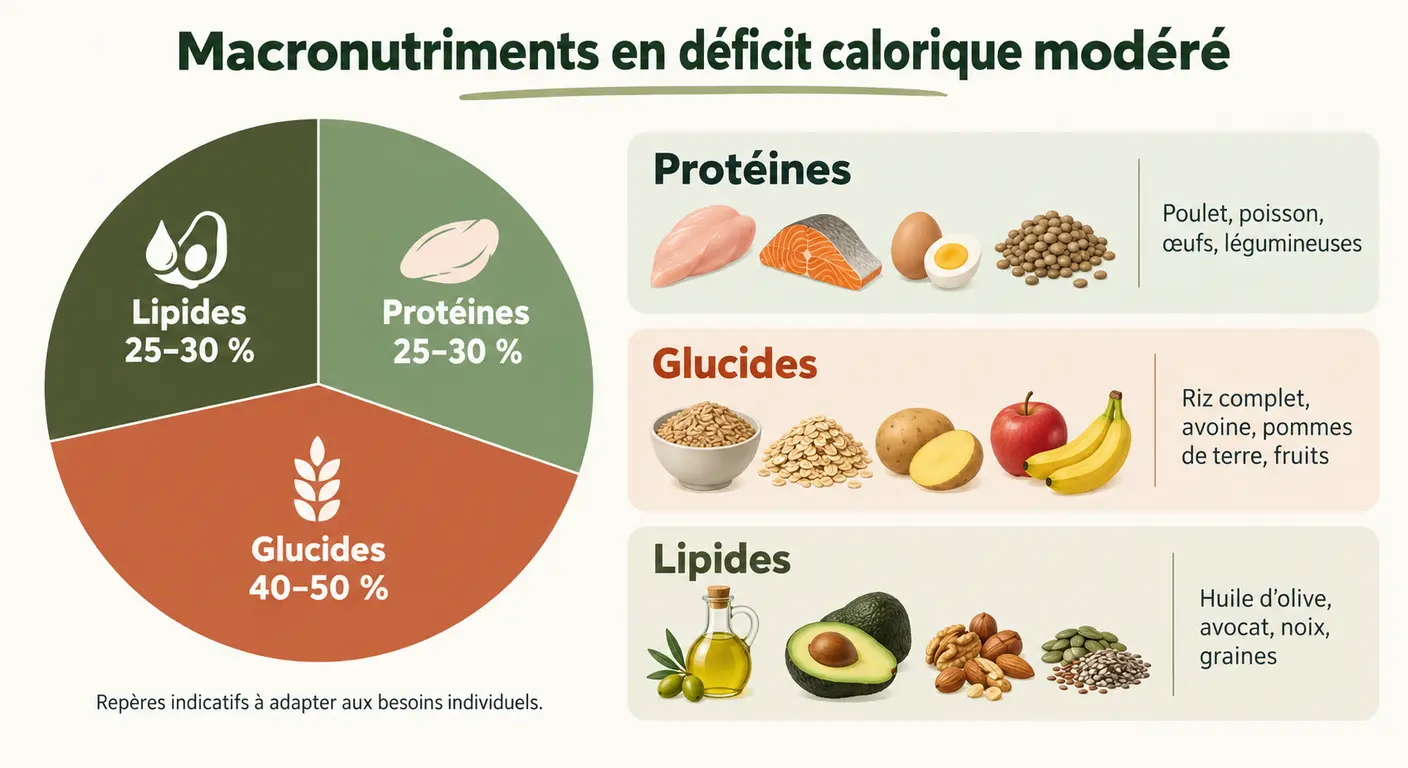 Diagramme de répartition des protéines, glucides et lipides en déficit calorique modéré