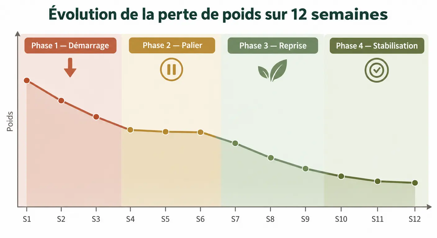 Courbe de perte de poids sur 12 semaines avec les quatre phases du programme