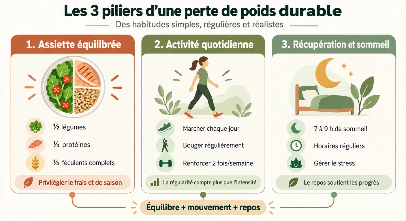 Infographie des trois piliers d'un programme de perte de poids pour débutant