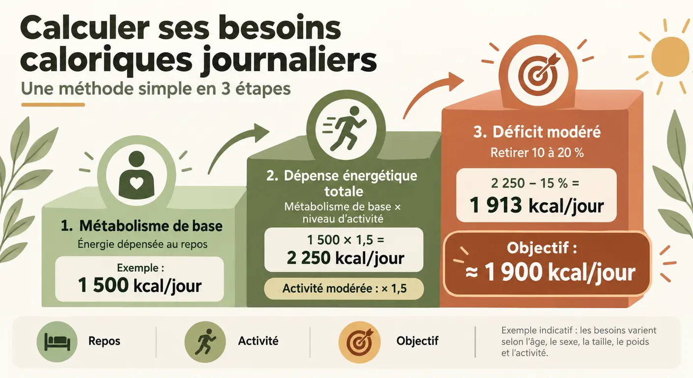 Infographie du calcul des besoins caloriques en trois étapes pour un débutant