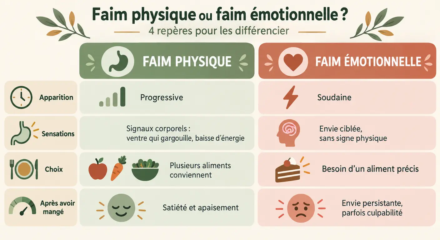 Infographie distinguant la faim physique de la faim émotionnelle