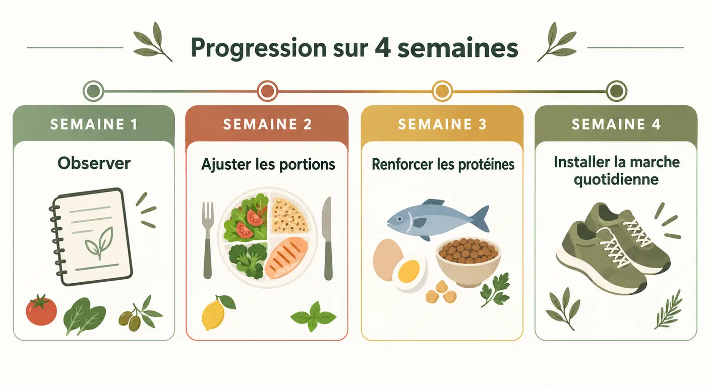 Infographie du programme de perte de poids débutant semaine par semaine sur quatre semaines