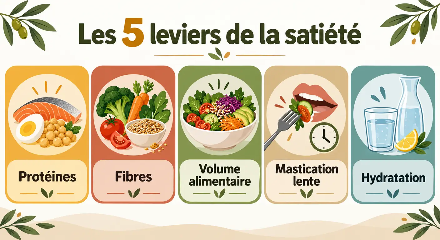 Infographie des cinq leviers de satiété pour perdre du poids sans avoir faim