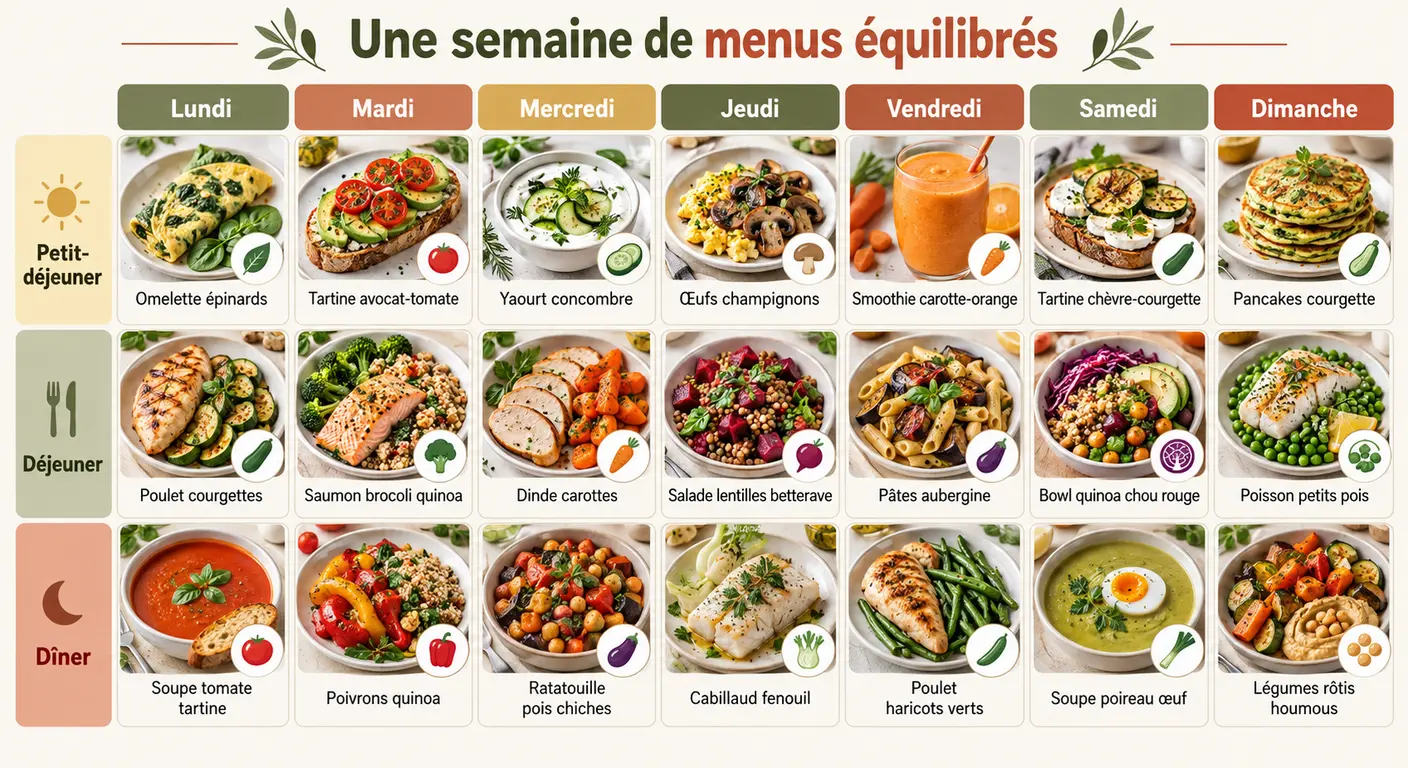 Infographie d'une semaine de menus équilibrés pour la perte de poids