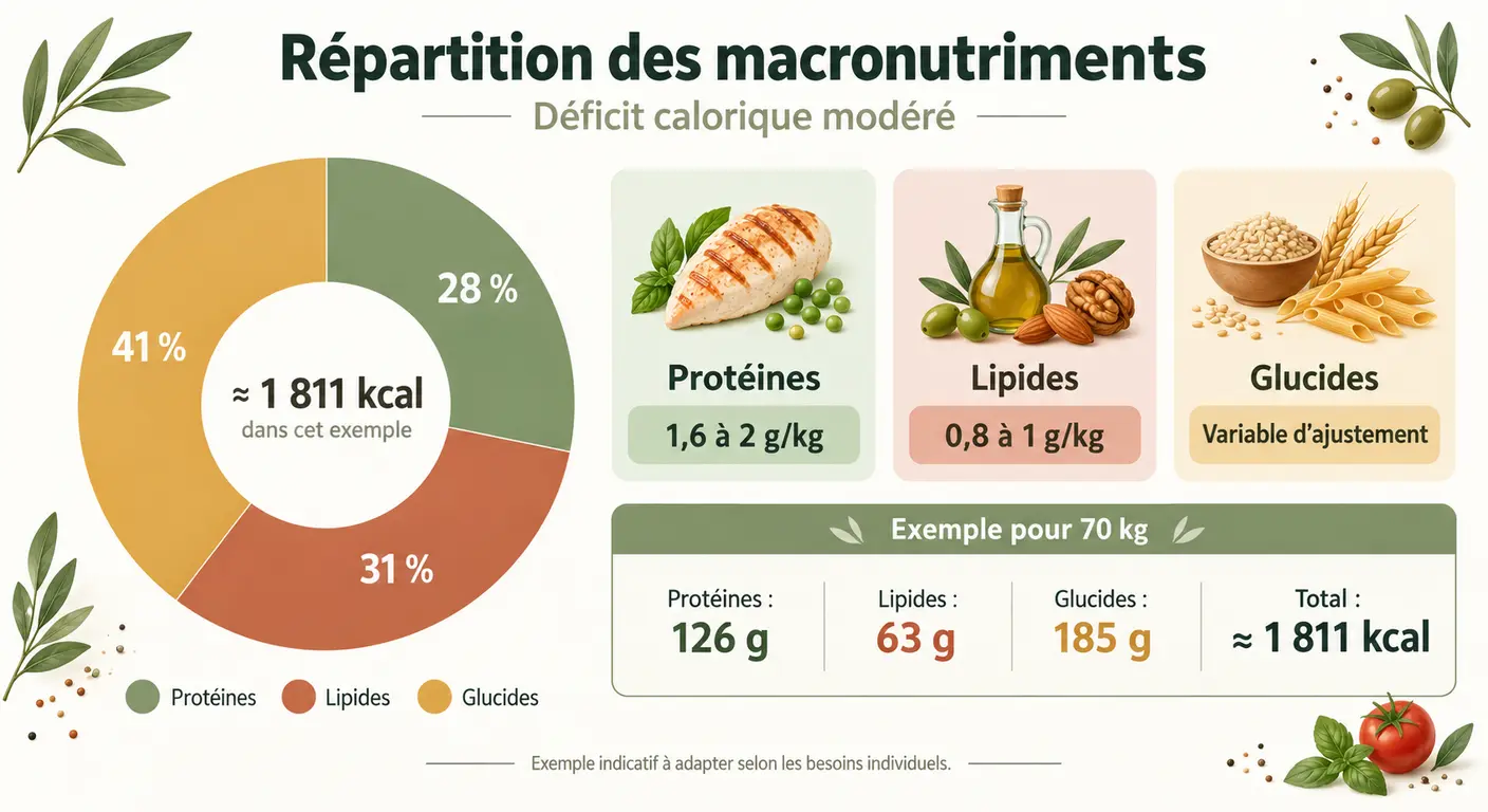 Infographie de la répartition des macronutriments en déficit calorique modéré