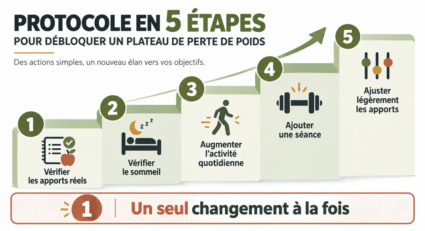 Infographie du protocole en cinq étapes pour débloquer un palier de perte de poids