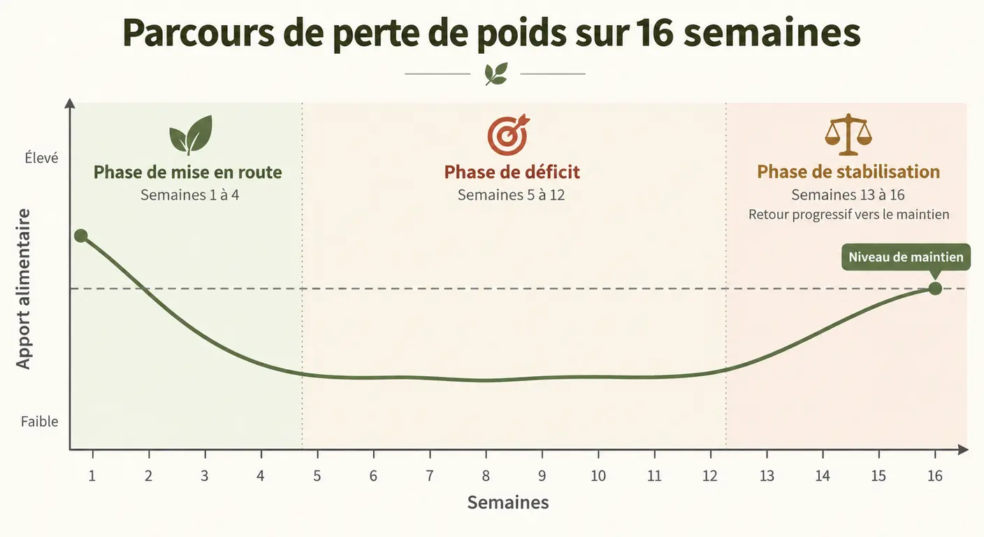 Infographie des trois phases d'un parcours de perte de poids avec stabilisation