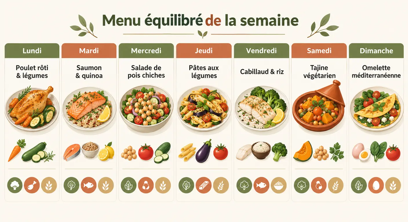 Infographie de la semaine type de repas pour un programme de perte de poids