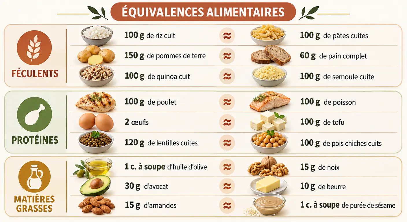 Infographie des équivalences alimentaires gourmandes pour la perte de poids