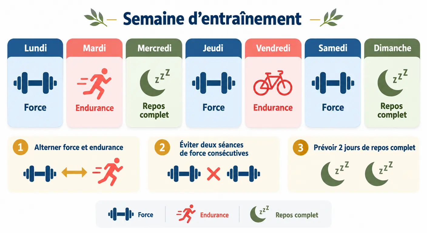 Infographie de la répartition hebdomadaire des séances dans un programme de perte de poids