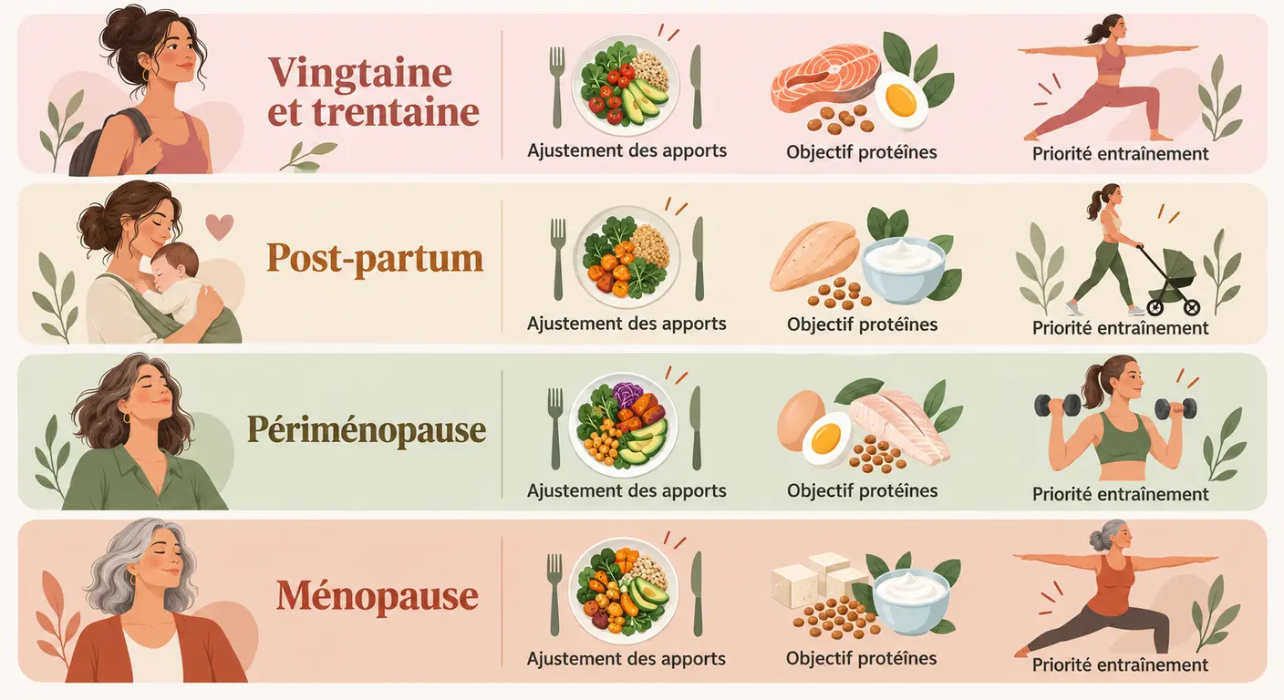 Infographie des adaptations du programme de perte de poids selon la phase de vie