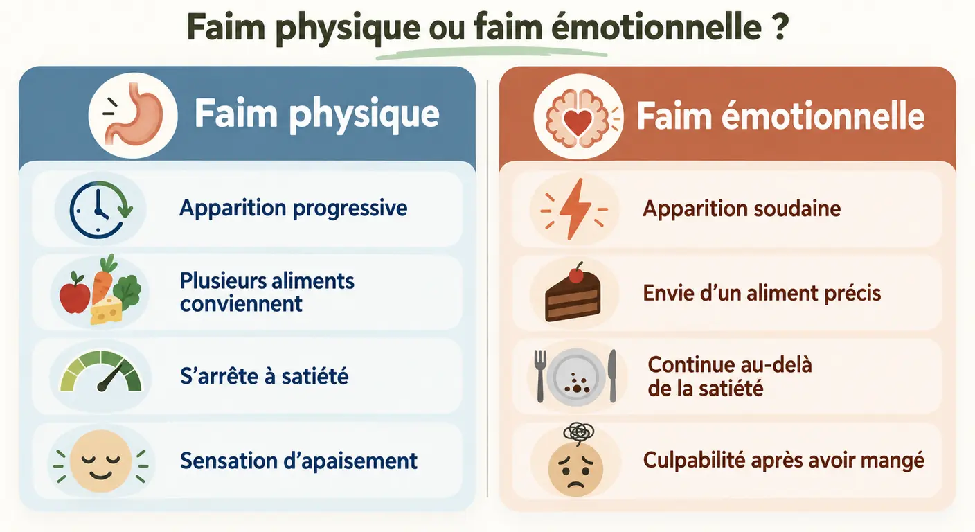 Infographie comparant les signes de la faim physique et de la faim émotionnelle