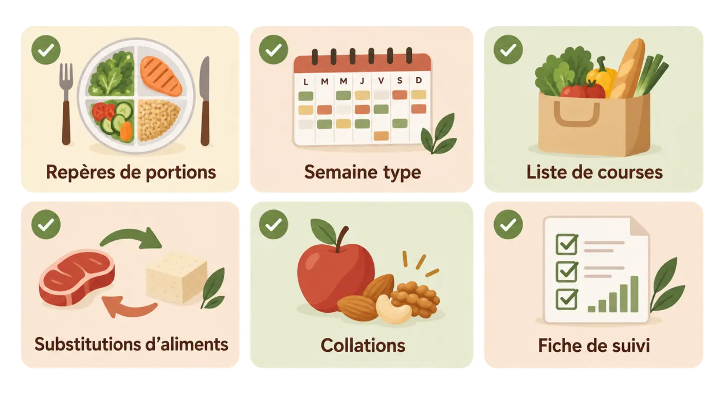 Infographie des six éléments d'un programme de perte de poids réellement exploitable