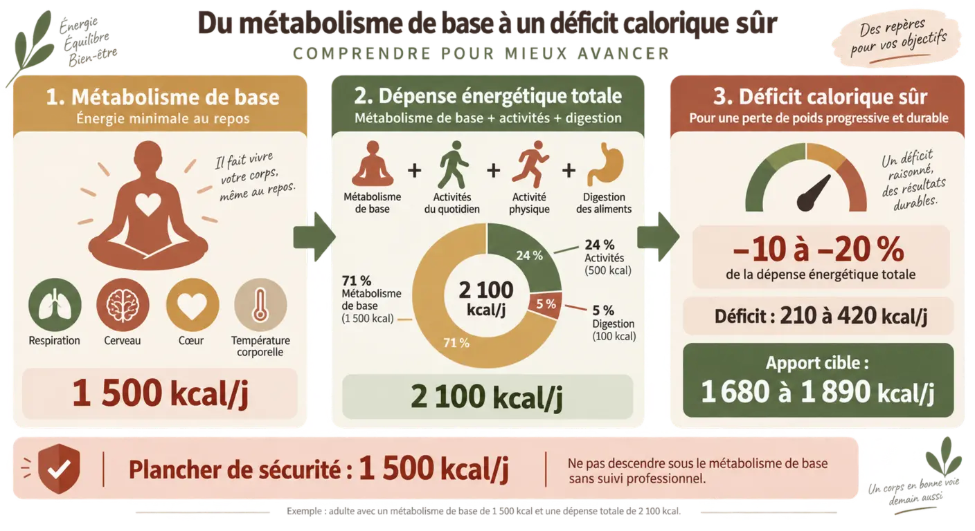 Infographie du calcul du métabolisme de base jusqu'à la fourchette de déficit calorique sûre