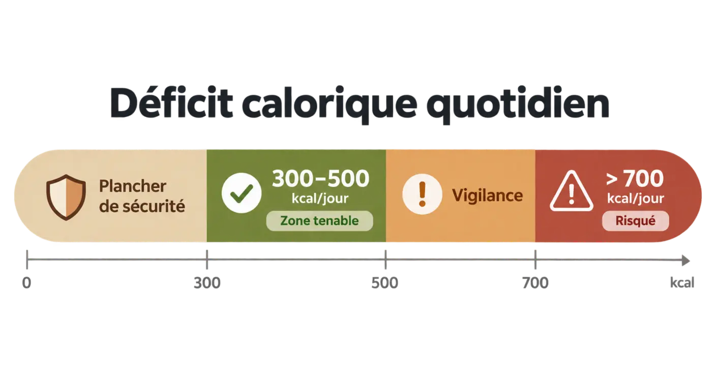 Infographie des fourchettes de déficit calorique tenables et des zones à éviter