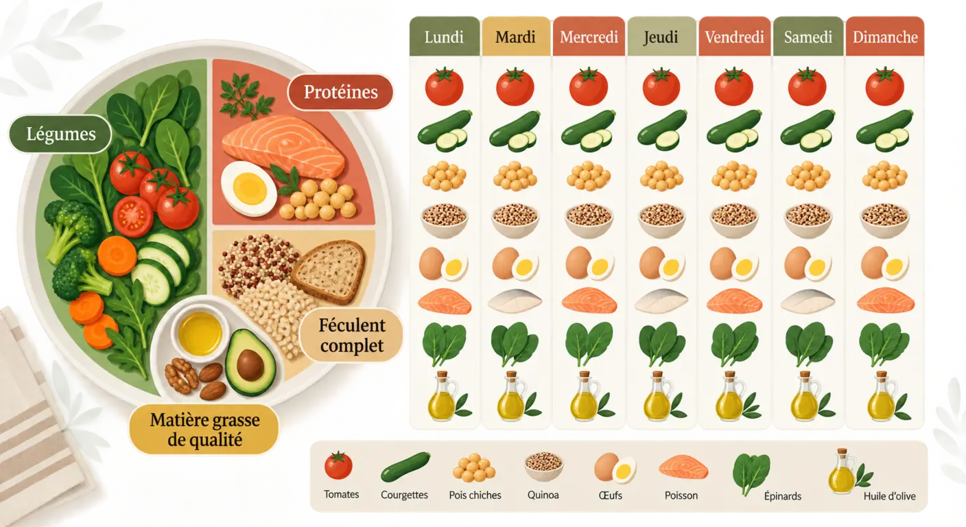 Infographie de l'assiette équilibrée et de la semaine type construite sur des bases communes
