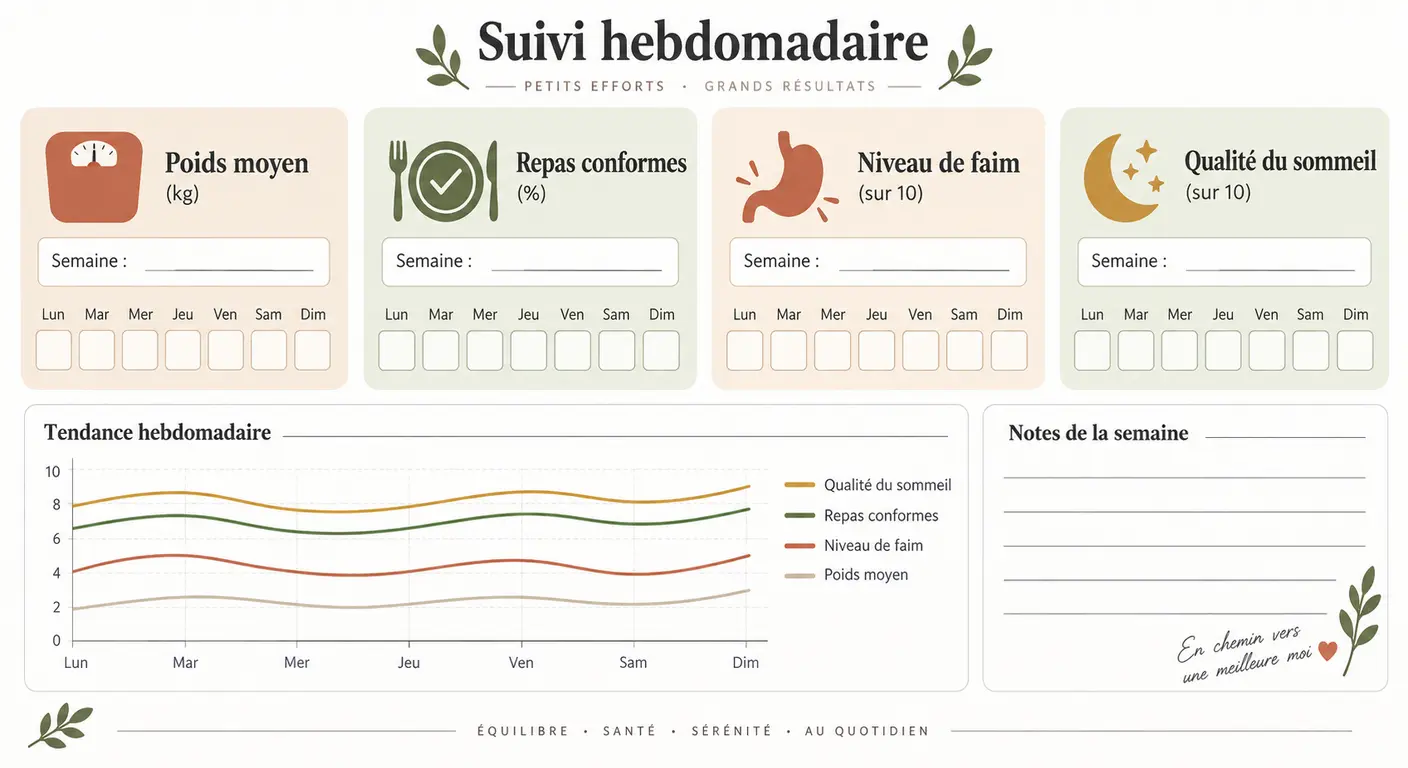 Fiche de suivi hebdomadaire à quatre indicateurs pour lire une tendance sur un mois