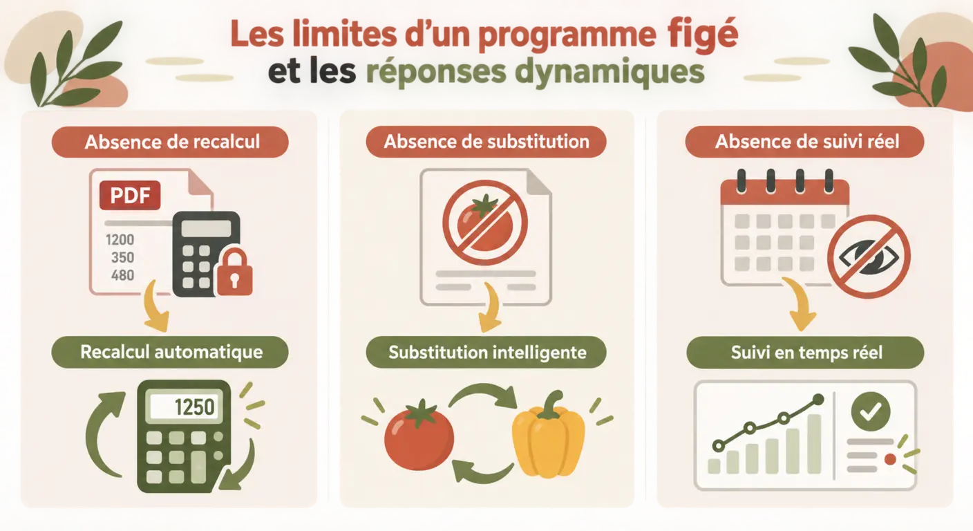 Infographie des trois limites d'un programme figé en PDF et des mécanismes qui y répondent