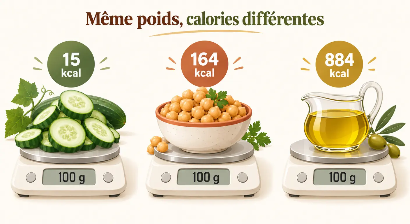 Trois portions de poids identique et leur apport calorique très différent