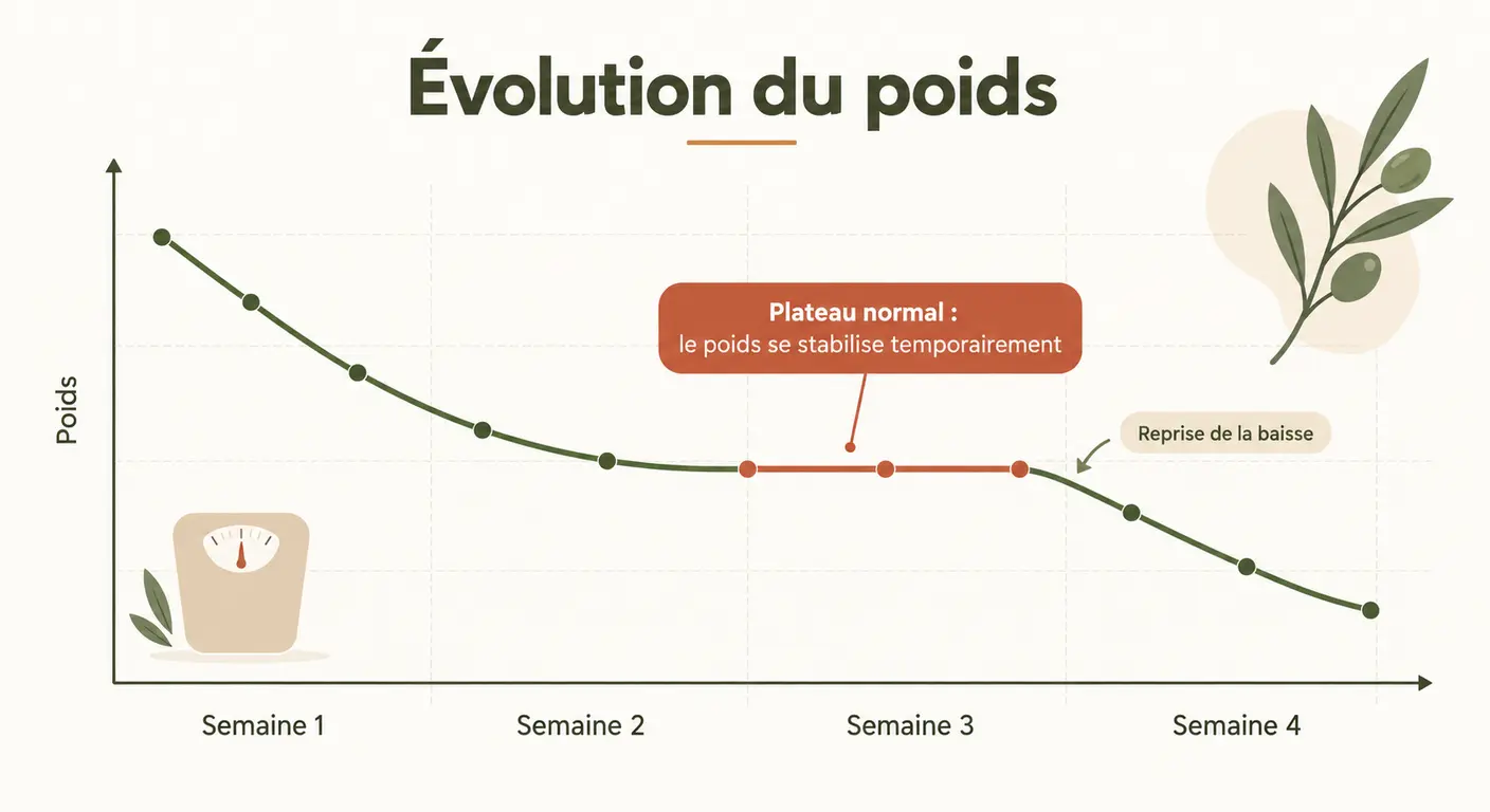 Plateau de la semaine 3 sur la courbe de poids et reprise de la décroissance