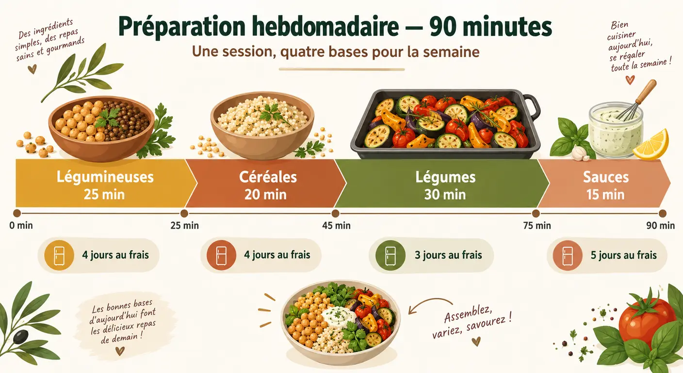 Déroulé d'une session de préparation hebdomadaire avec durées de conservation