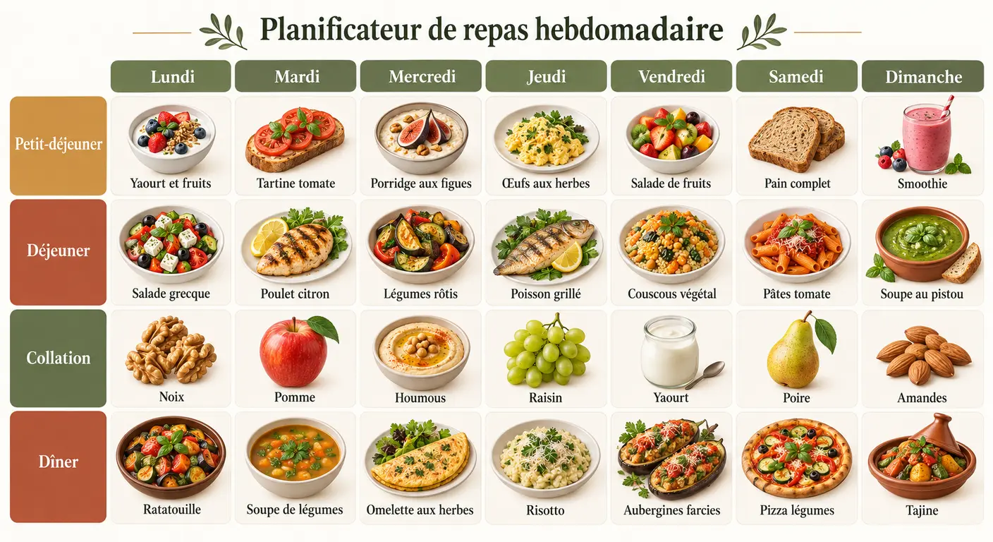 Planning hebdomadaire des repas d'un menu type méditerranéen minceur