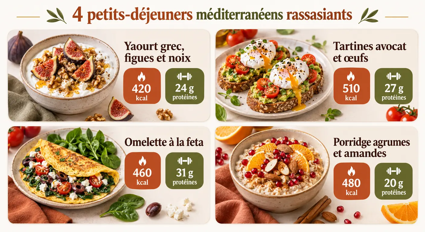 Quatre petits-déjeuners méditerranéens rassasiants avec repères caloriques et protéiques