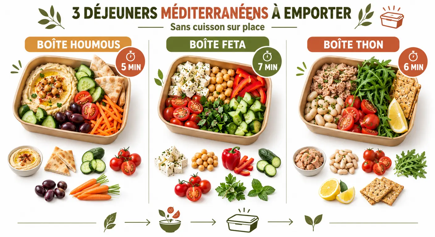 Trois déjeuners méditerranéens à emporter et leurs composants