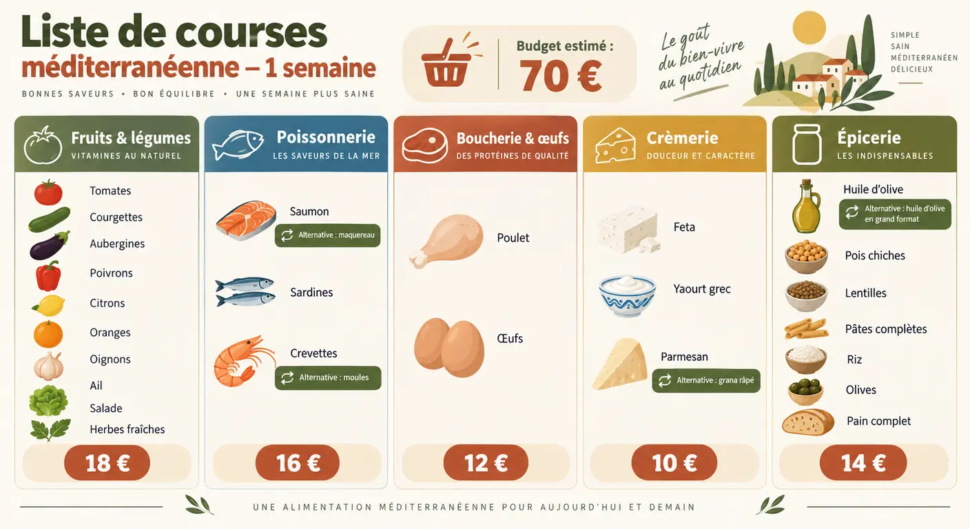 Liste de courses hebdomadaire par rayon avec repères de coût et alternatives