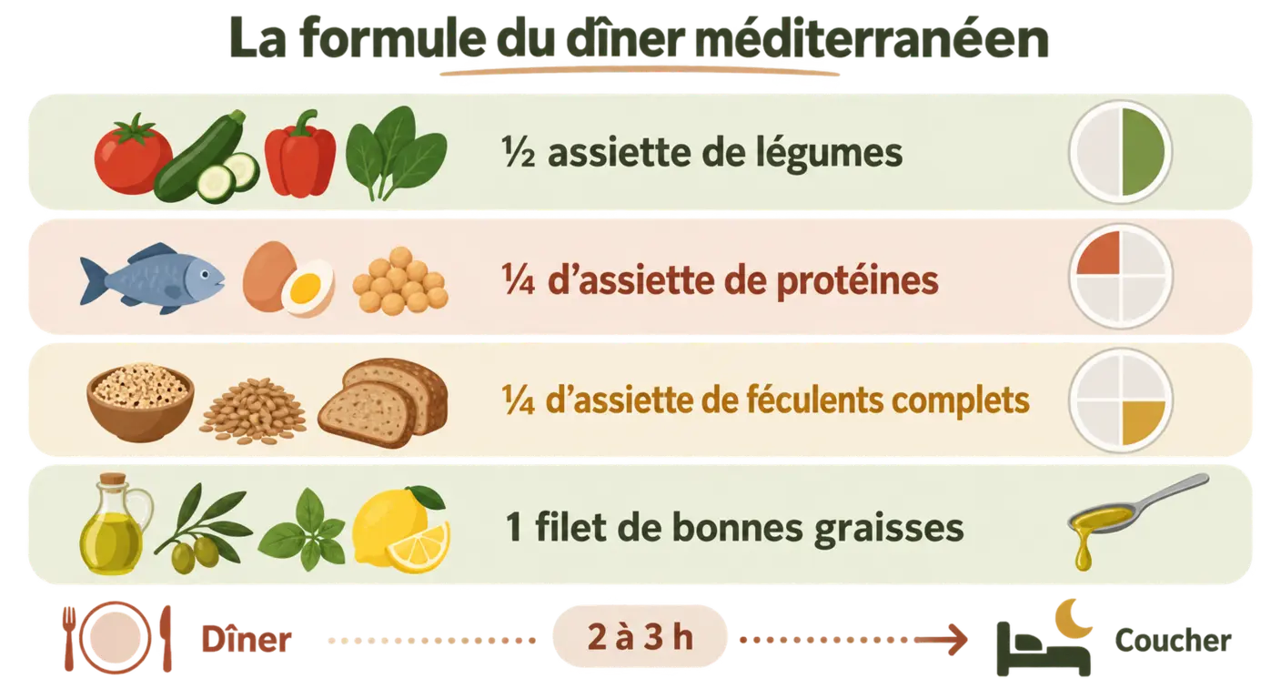 Formule d'un dîner méditerranéen équilibré et intervalle avant le coucher
