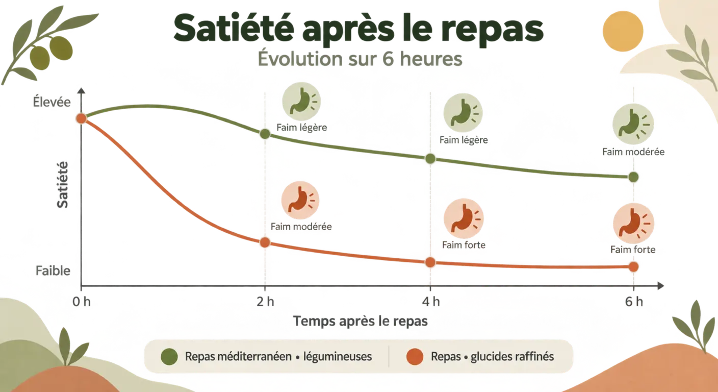 Courbe de satiété après un repas à base de légumineuses comparée à un repas de glucides raffinés