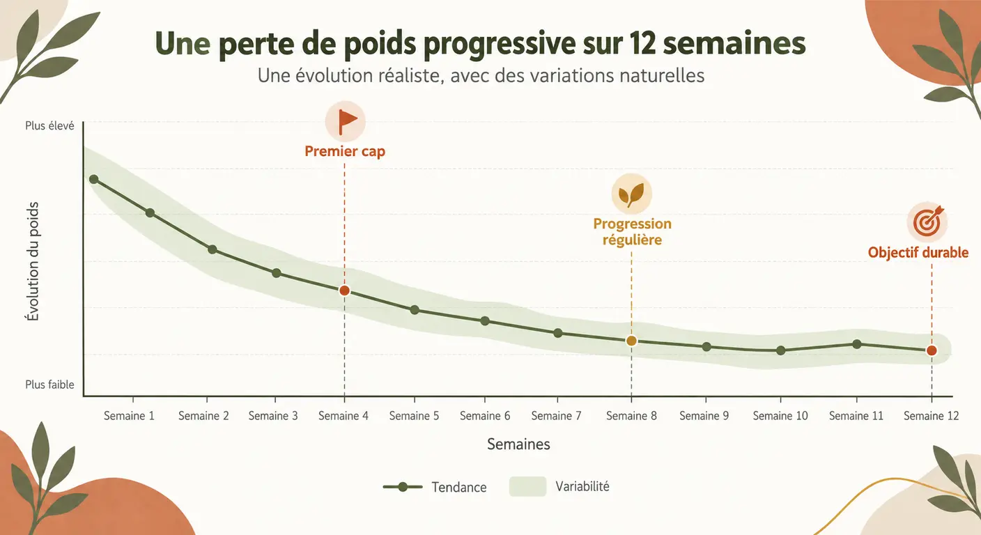 Courbe de perte de poids réaliste sur douze semaines avec les repères des semaines 4, 8 et 12