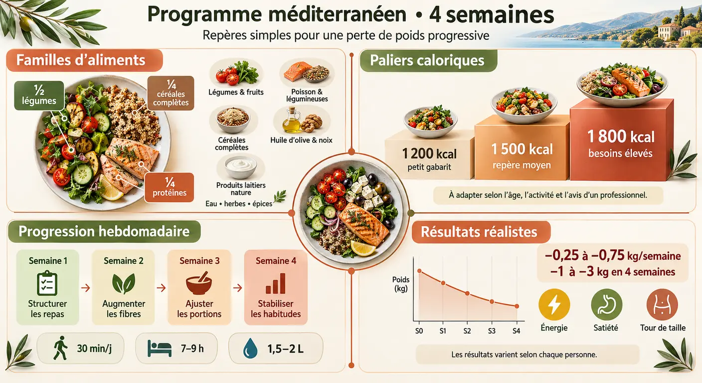 Synthèse complète du programme perte de poids méditerranéen en quatre semaines