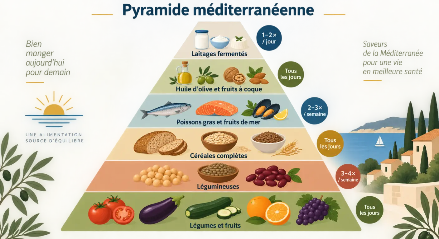 Pyramide des six familles d'aliments d'un programme méditerranéen minceur avec fréquences hebdomadaires