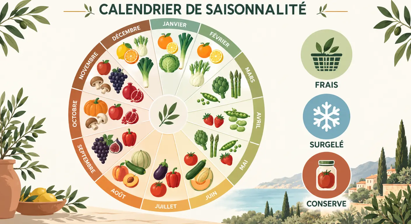 Calendrier de saisonnalité des légumes et fruits méditerranéens avec options frais, surgelé et conserve